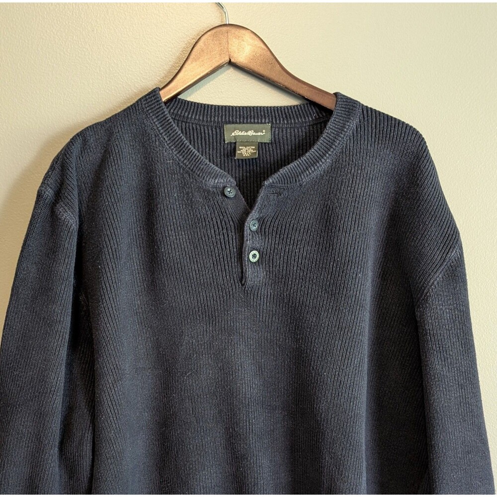 Vintage Eddie Bauer Sweater Mens 2XLT XXL Tall Navy Blue Ribbed Henley Pullover
